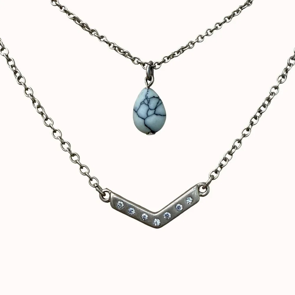 Layered Gold-Tone Necklace With Chevron Rhinestone‎ Bar & Faux Turquoise Pendant